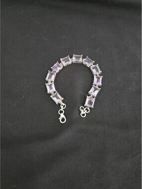 Vintage 925 Sterling Silver Amethyst Link Bracelet Emerald Cut Purple Stones